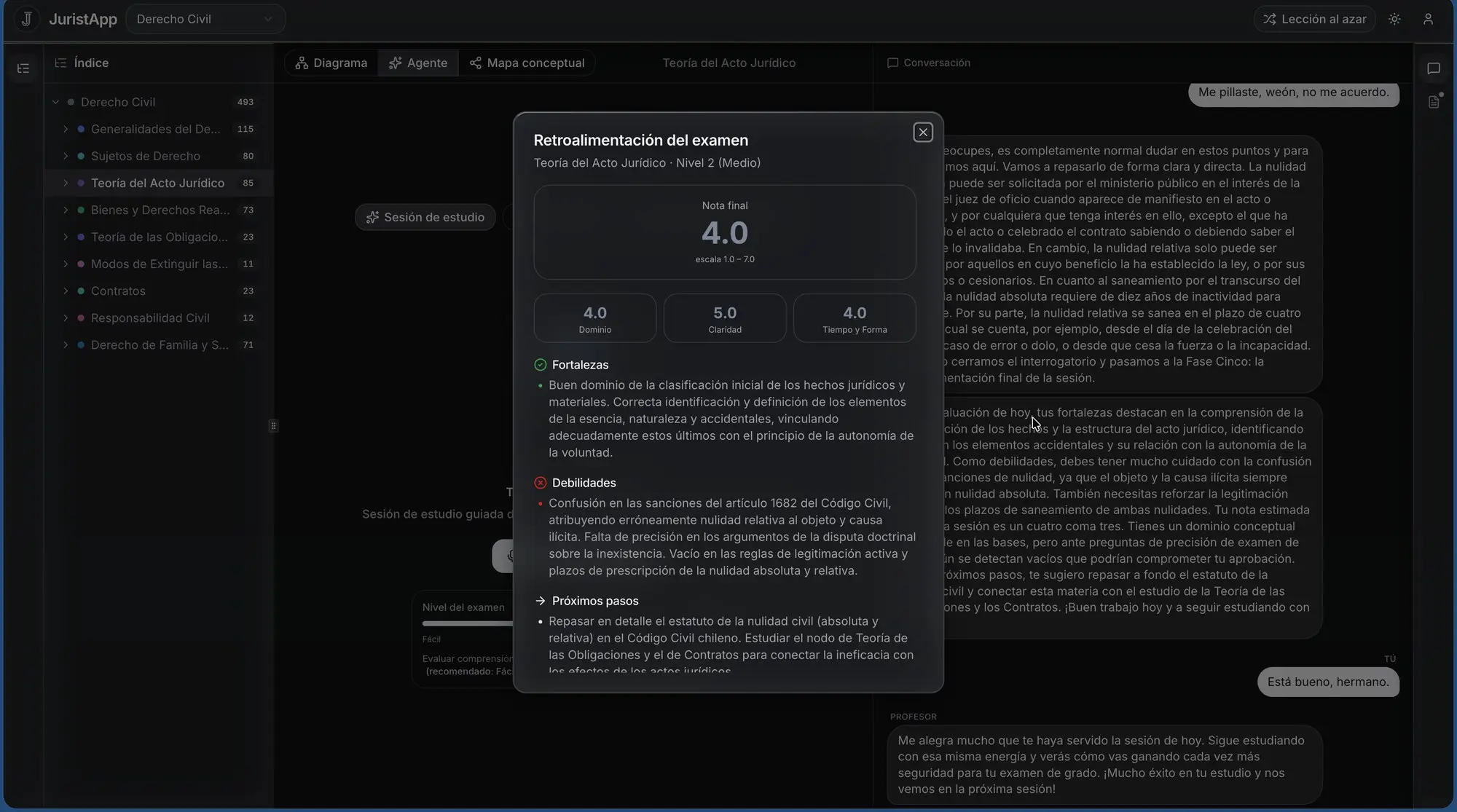 El diálogo de retroalimentación del examen sobre la conversación con el examinador, mostrando la nota final 4,0 en escala de 1,0 a 7,0.