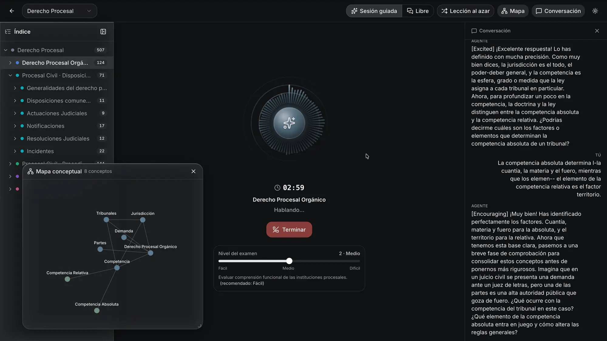 Una sesión en curso: el orbe de voz activo con el cronómetro en 02:59, la transcripción de la conversación a la derecha y el mapa conceptual en vivo con ocho conceptos enlazados entre sí.